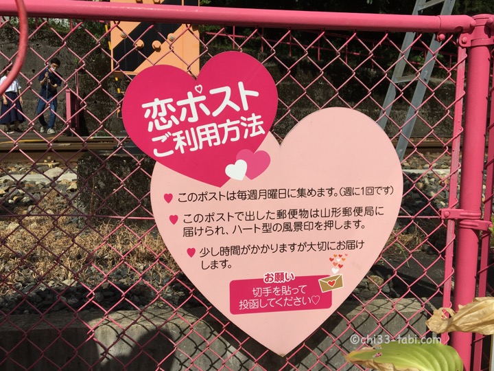 恋山形駅の恋ポストの利用方法説明看板。